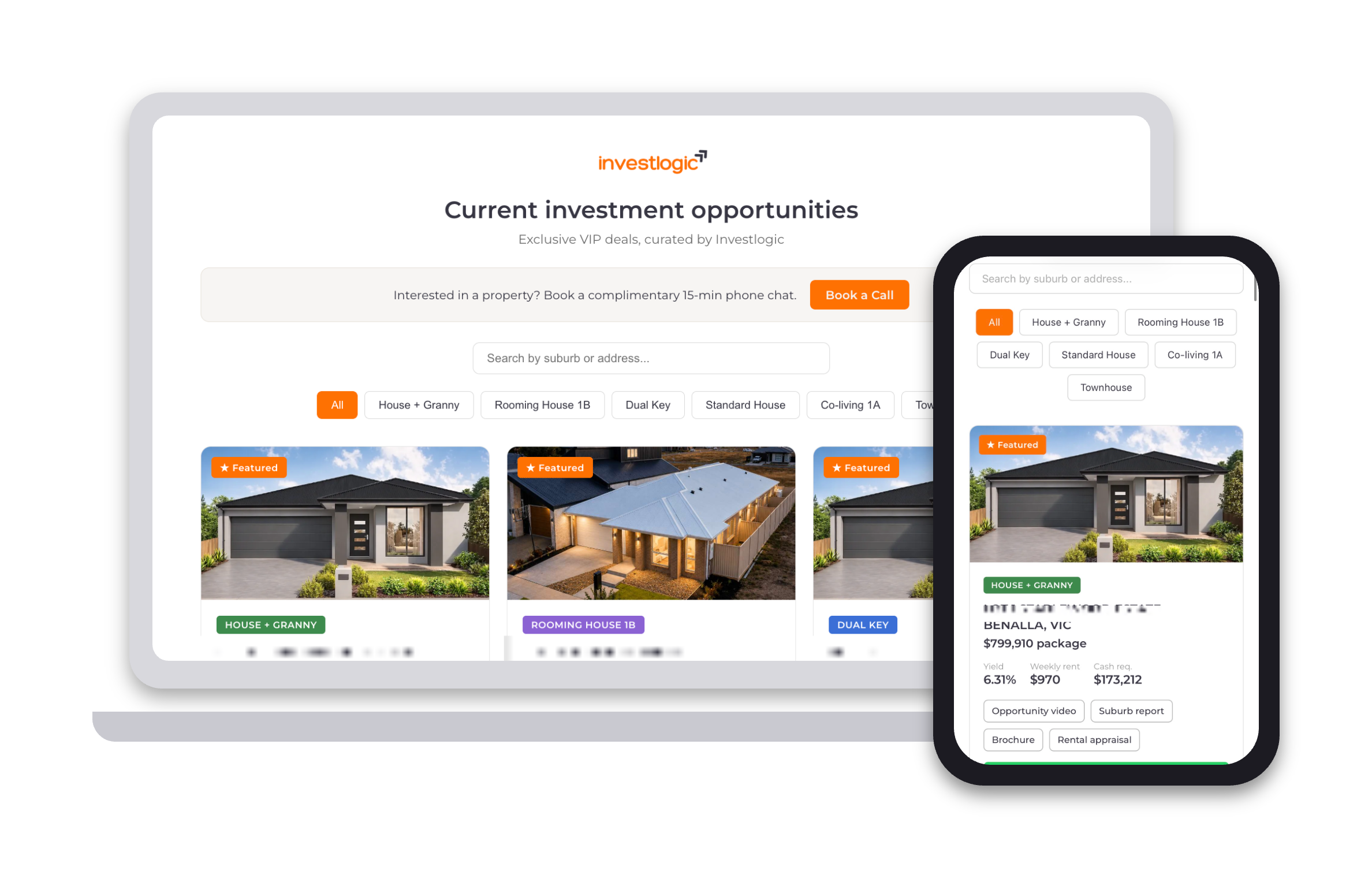 Investlogic dashboard shown on desktop and mobile